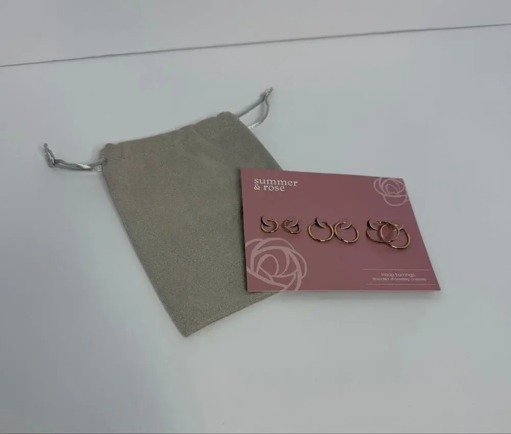 Summer & Rose Gold Tone Hoop Earrings Set 3 Pairs FabFitFun NWT with Pouch